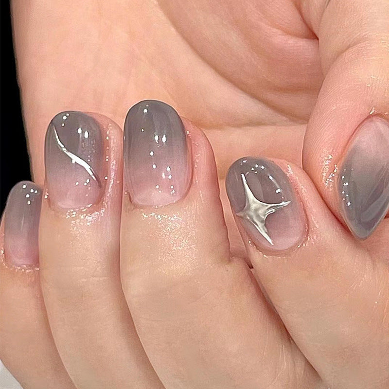 Short Round Grey Ombré nail with Silver Star Press On Nail – auraxnail