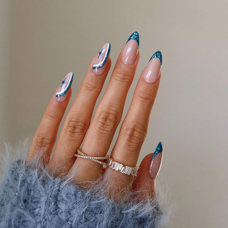 Blue Glitter French Nail with Star Press On Nail – auraxnail