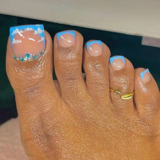 Blue Cloud Diamond French Toe Nail