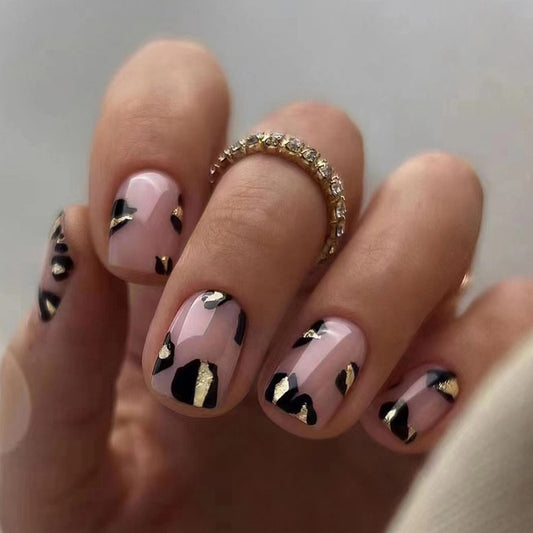 Pink Gold Foil Short Round Small Leopard Print Nail
