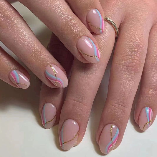 Pink Blue Wave With Glitter Small Short Round Nail