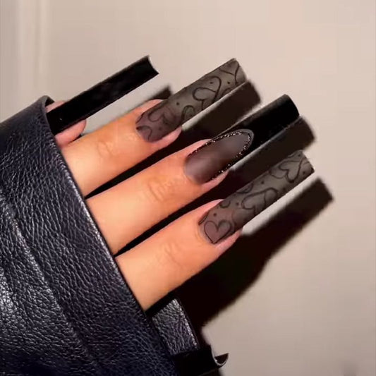 Long Tube Black Nail French with Heart