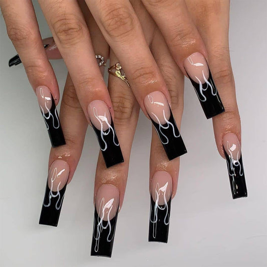 Long Black Fire Flame French Coffin Nail
