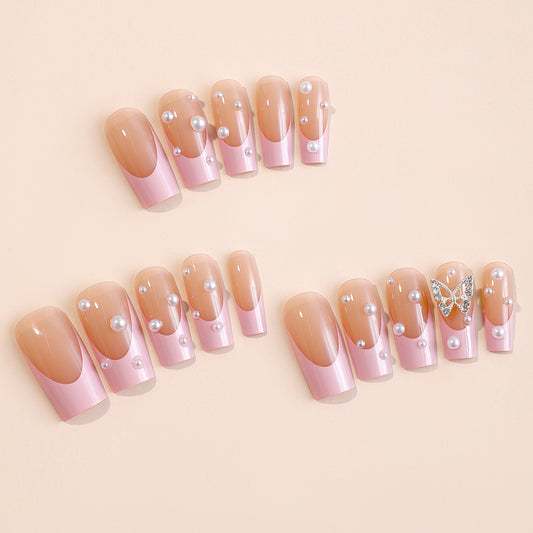 Pink French Medium Long Pearl Nail with Butterfly