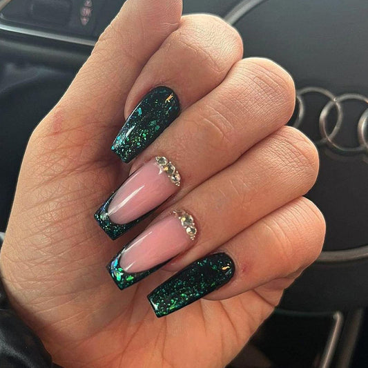 Bling Forest Green French Coffin Nail with Diamonds