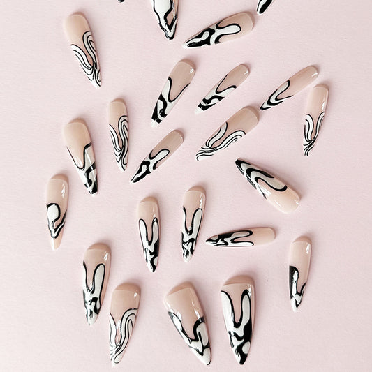Black And White Cow Wave Stiletto French Nail