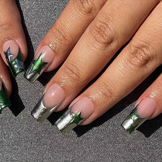 Metal Chromed Green Silver Star Nail