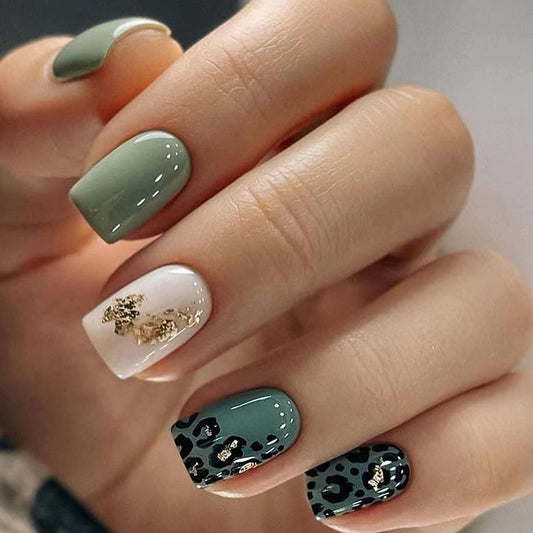 Pale Green Pine and Beige with Leopard Spot Gold Foiled short square nail
