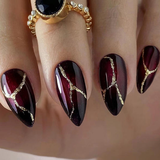 Vampire Almond Red Black Nail with Glitter