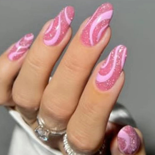 Pink Glitter Wave Swirl Almond Nail