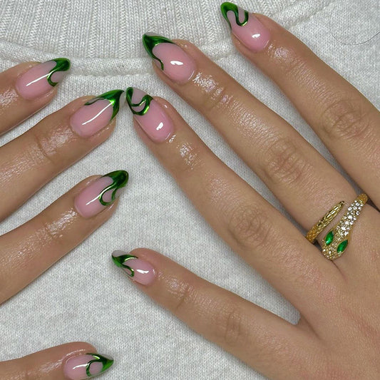 Green Wave Aurora Swirl press on nails
