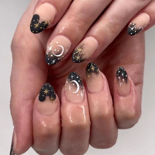 Black French Ombre Star and Moon Short Round Small Nail