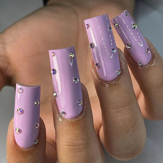 Lilac Long Cut Out Bling Diamond Nail