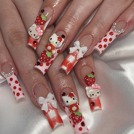 Strawberry Kitty Long Pink French Coffin Nail