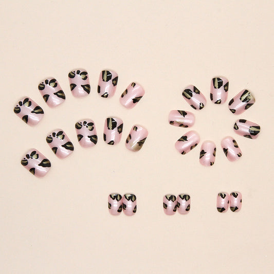 Pink Gold Foil Short Round Small Leopard Print Nail