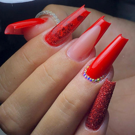 Red Hot Coffin Long French With Glitter and Diamond