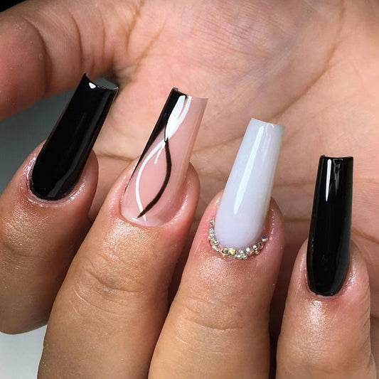 Black And White Wave Long Coffin Nail with Diamond
