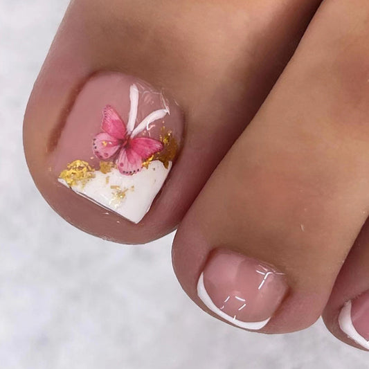 Pink Butterfly Cream Gold Glitter Toe Nail