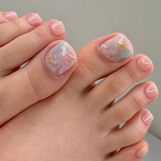 Colorful Mermaid Marble Toe Nail With Golden Foil