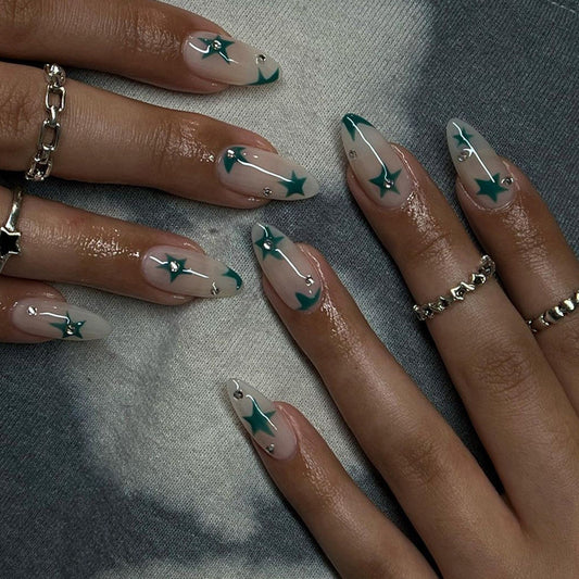 Forest Green Star Nail with Diamonds