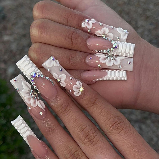 White Snake Pattern Flower French Ombre Nail