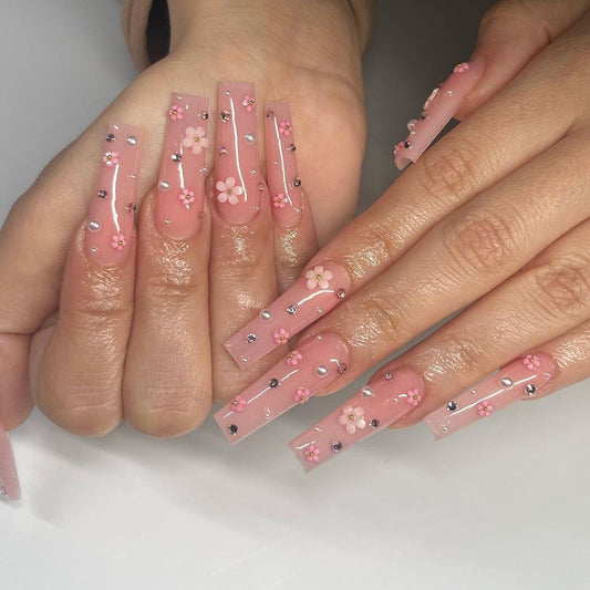 Pink Long Tube Nail with Flower Charms