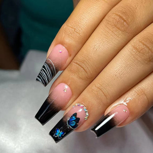 Black Coffin Long Butterfly Ombre Nail