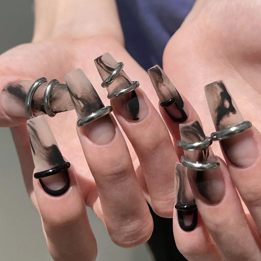 3D Nail Satin Black Ink Long Coffin Nail with Silver Rings