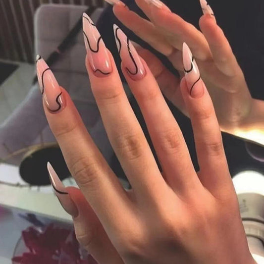 Black Wave Long Stiletto Peach Pink Ombre Nail