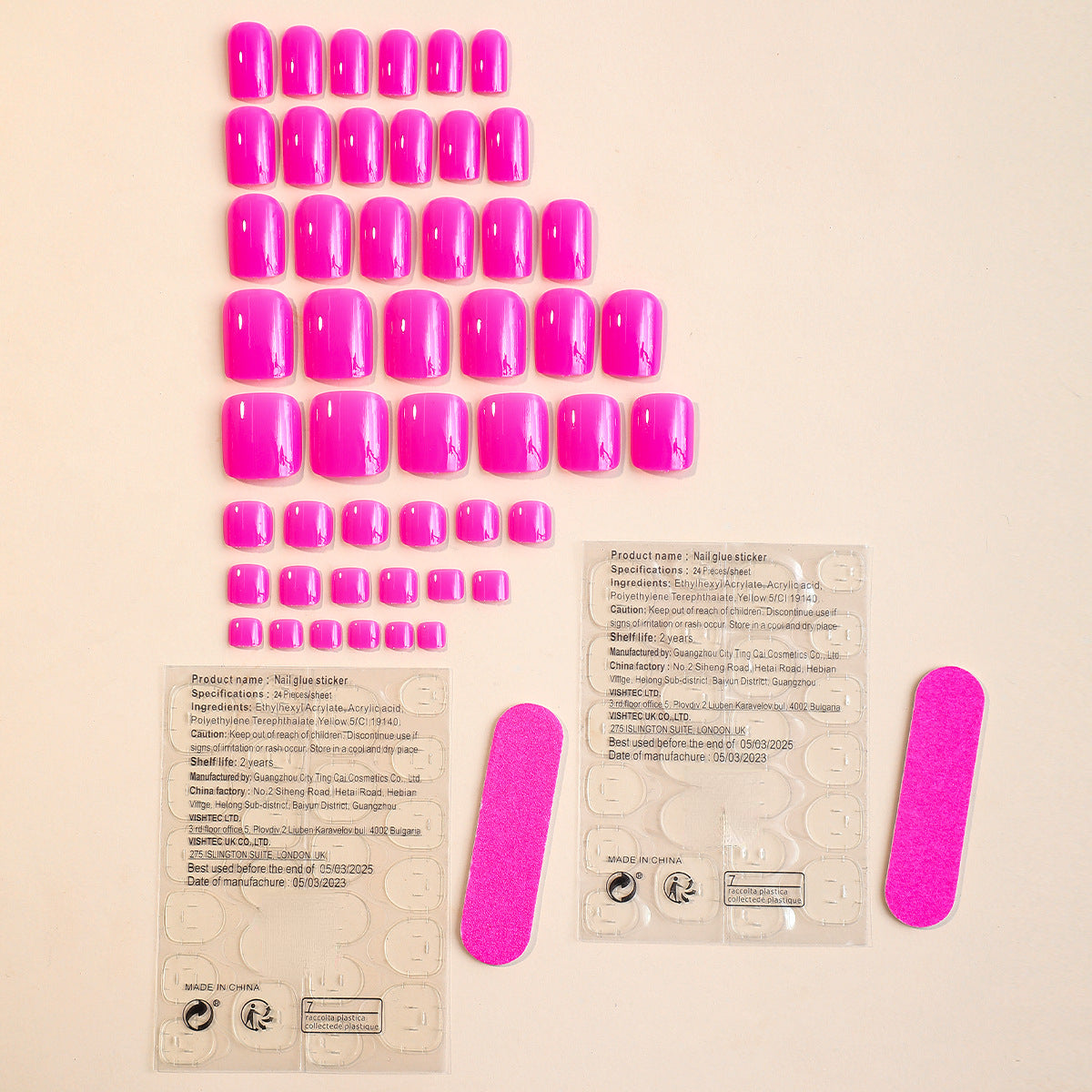 48 Pcs Magenta Press on Nails Finger Toes Nails Kit