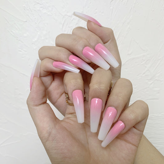 Gradient Pink Babyboomer White Coffin Press on Nails