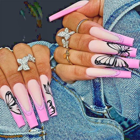 Pink French Butterfly Coffin Press on Nails