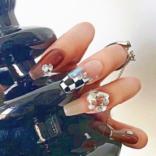 Iced Opium - Checkerboard Long Nail with Diamond Charm