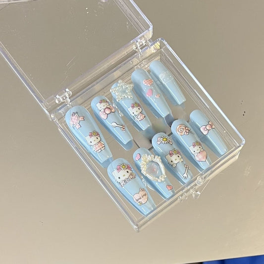 Reusable Hand Made Hello Kitty Baby Blue Coffin Nail