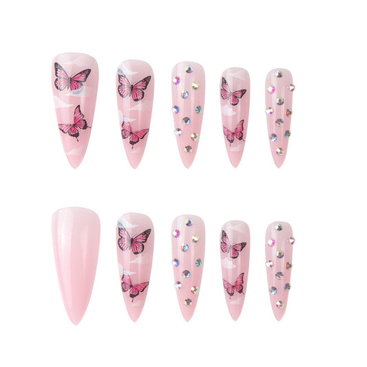 Butterfly Pink Diamond Stiletto Long Nails