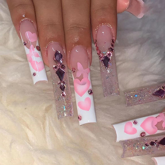 Pink Heart with Diamond French Long Cut Out Nail