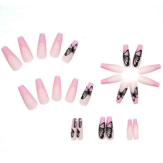 Pink French Butterfly Coffin Press on Nails