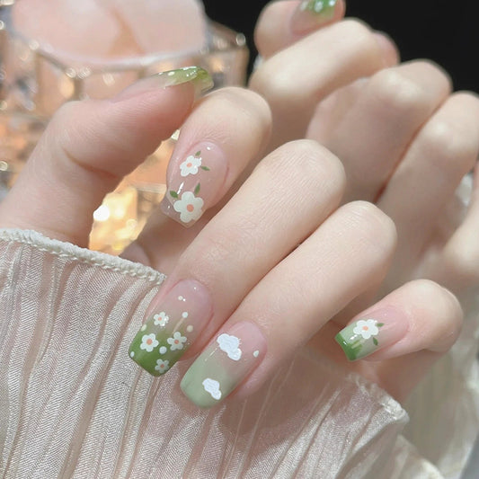 Spring Flower Short Round Green Ombre Nail