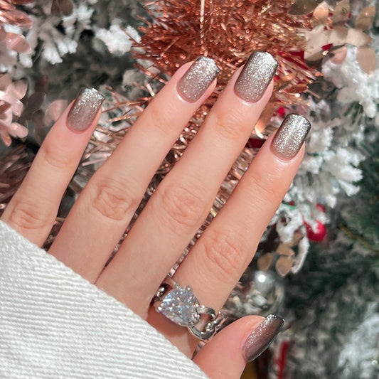 Christmas Glitter Short Square Nails Silver