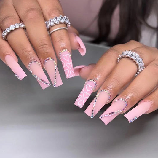 Diamond Heart Pink Long Nails
