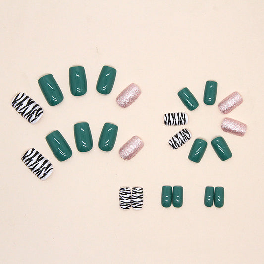 Oasis Story - Green Zebra Short Square Nail with Glitter