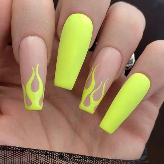 Neon Yellow Flame Coffin Press on Nails