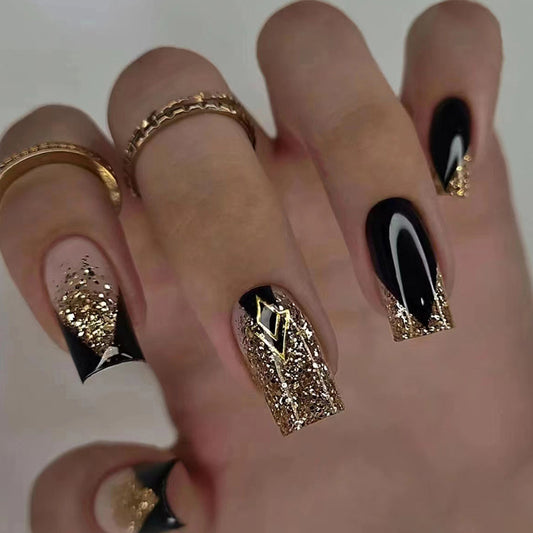 Short Luxury Black V French Nail with Gold Glitter