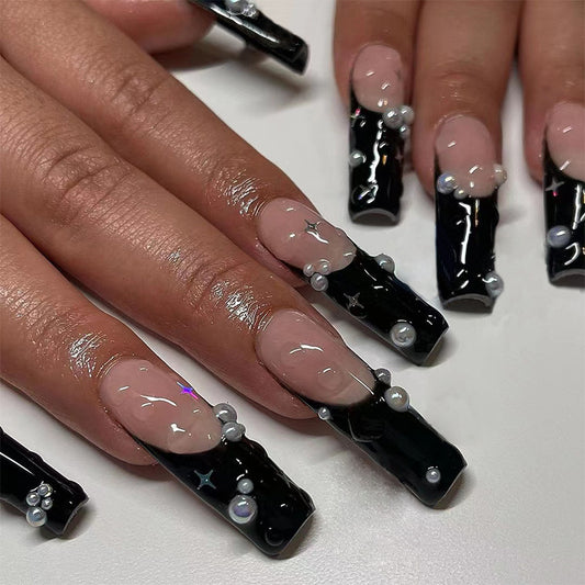Black Long French With Pearls