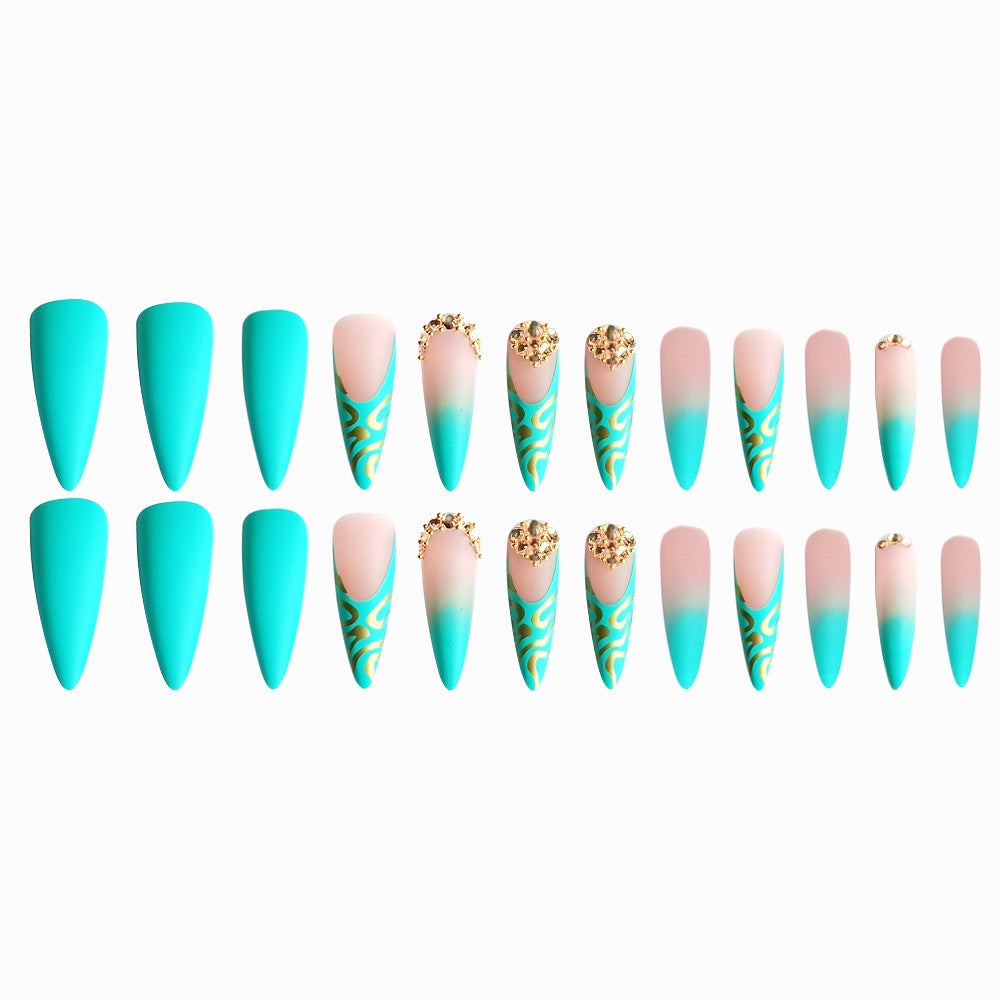Green Turquoise Stiletto with Gold Diamonds Long Nail