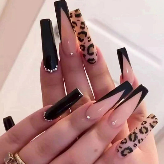 Black V French Leopard Long Nails