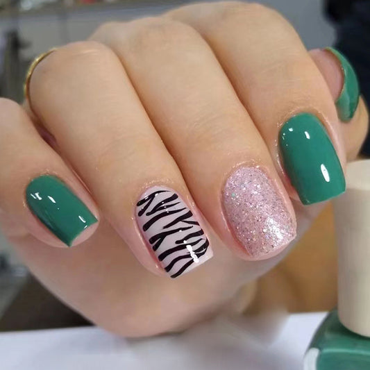 Oasis Story - Green Zebra Short Square Nail with Glitter