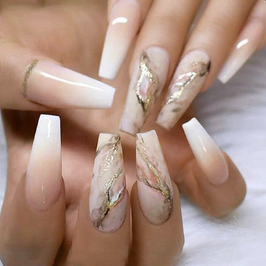 Gold Foil Marble White Gradient Coffin Nail