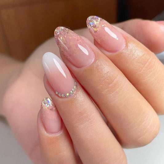 Glitter Ombré French Medium Round Nail with Diamond
