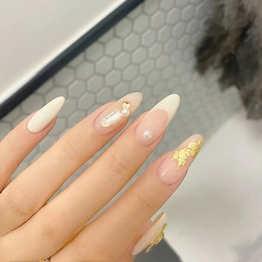 Oval French Long Nails with Golden Foil and Pearl